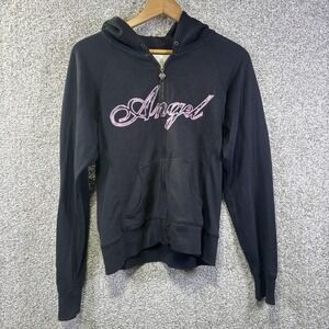 Angel Hoodie Womens Small Black Heart Pullover Graphic Goth Emo Grunge Y2K